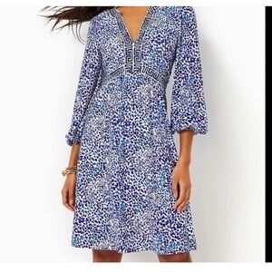 Lilly Pulitzer Blue Leopard Print V Neck Midi Dress Size 6